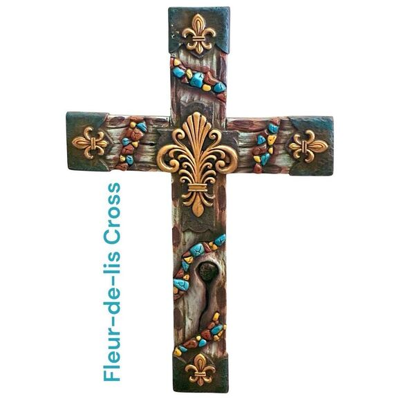NWOT Montana West 12" Fleur-De-Lis Wood Neutral Stone Wall Cross - Picture 1 of 7